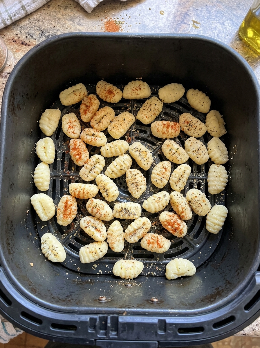 Gewürzte Gnocchi im Airfryer-Korb vor dem Garen