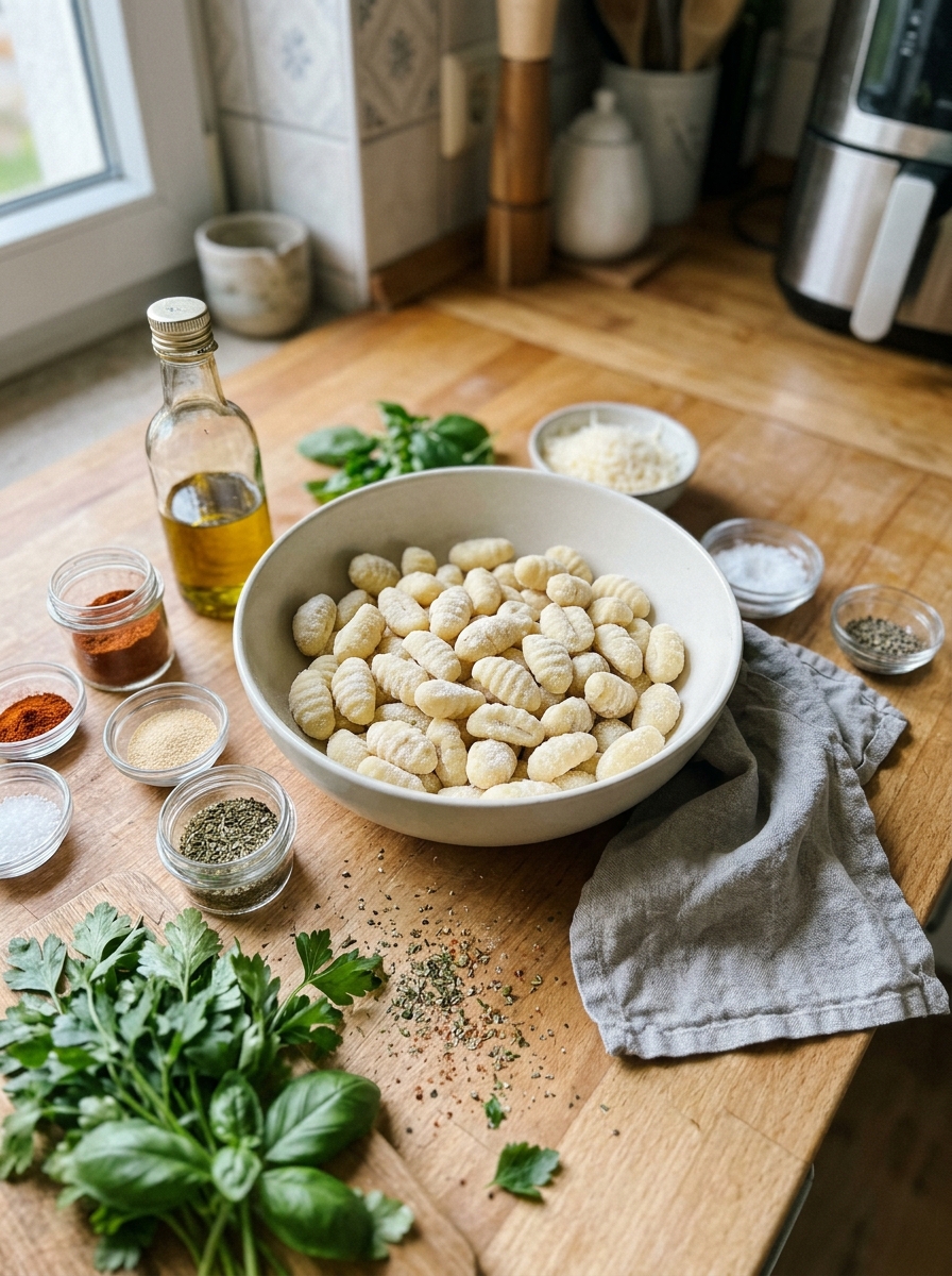 Zutaten für knusprige Gnocchi aus dem Airfryer mit Öl und Gewürzen