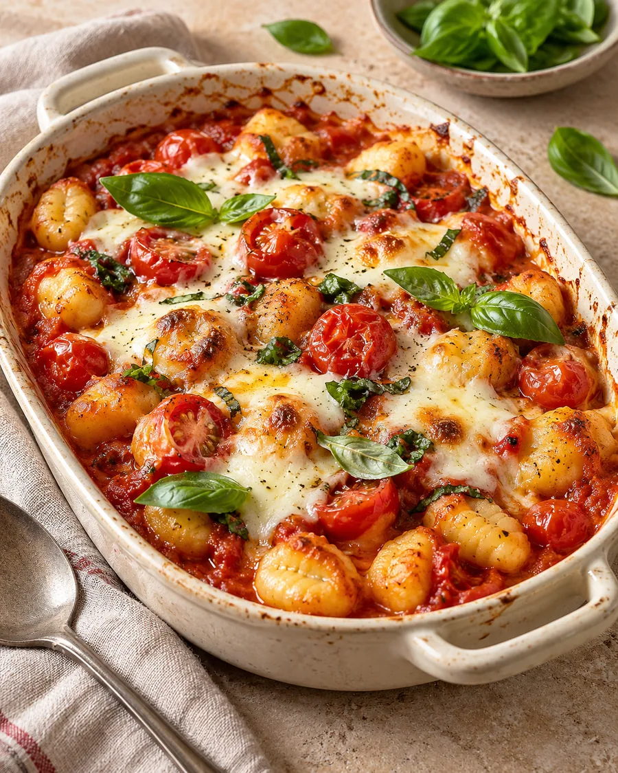 Illustration eines Gnocchi-Auflaufs mit Tomaten, Mozzarella und Basilikum in einer Auflaufform