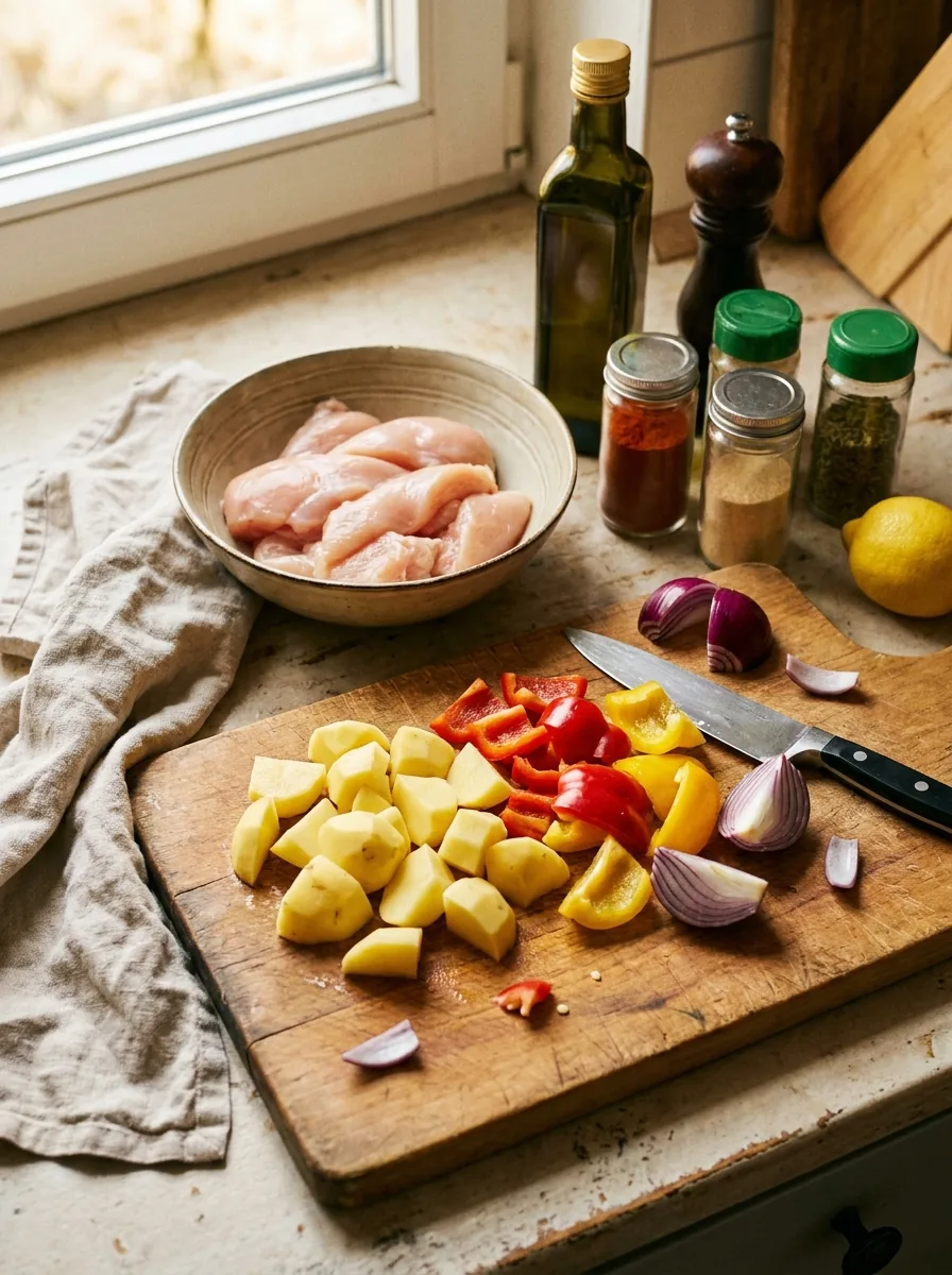 Illustrative Zutaten für ein Hähnchen-Kartoffel-Blech