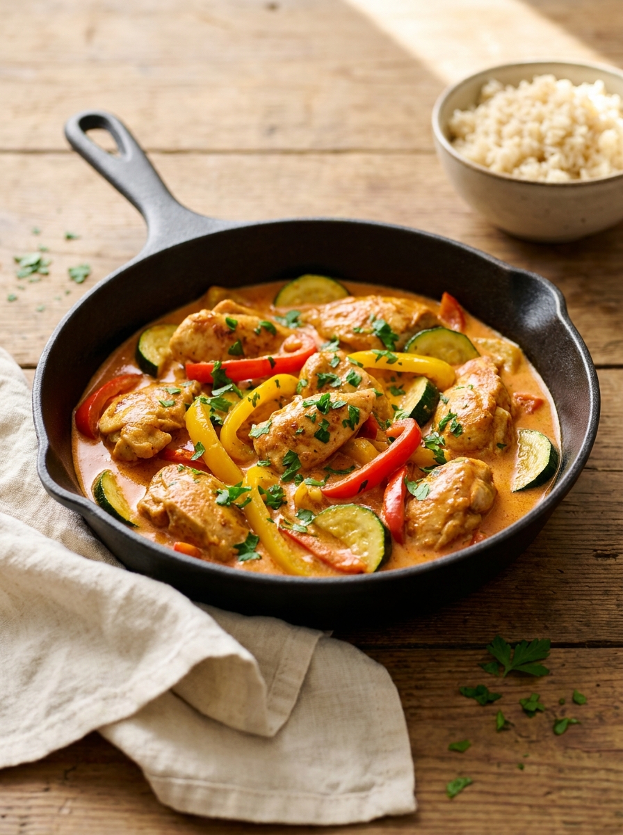 KI-generiertes Bild einer cremigen Hähnchen-Pfanne mit roter und gelber Paprika, Zucchini und Kräutern