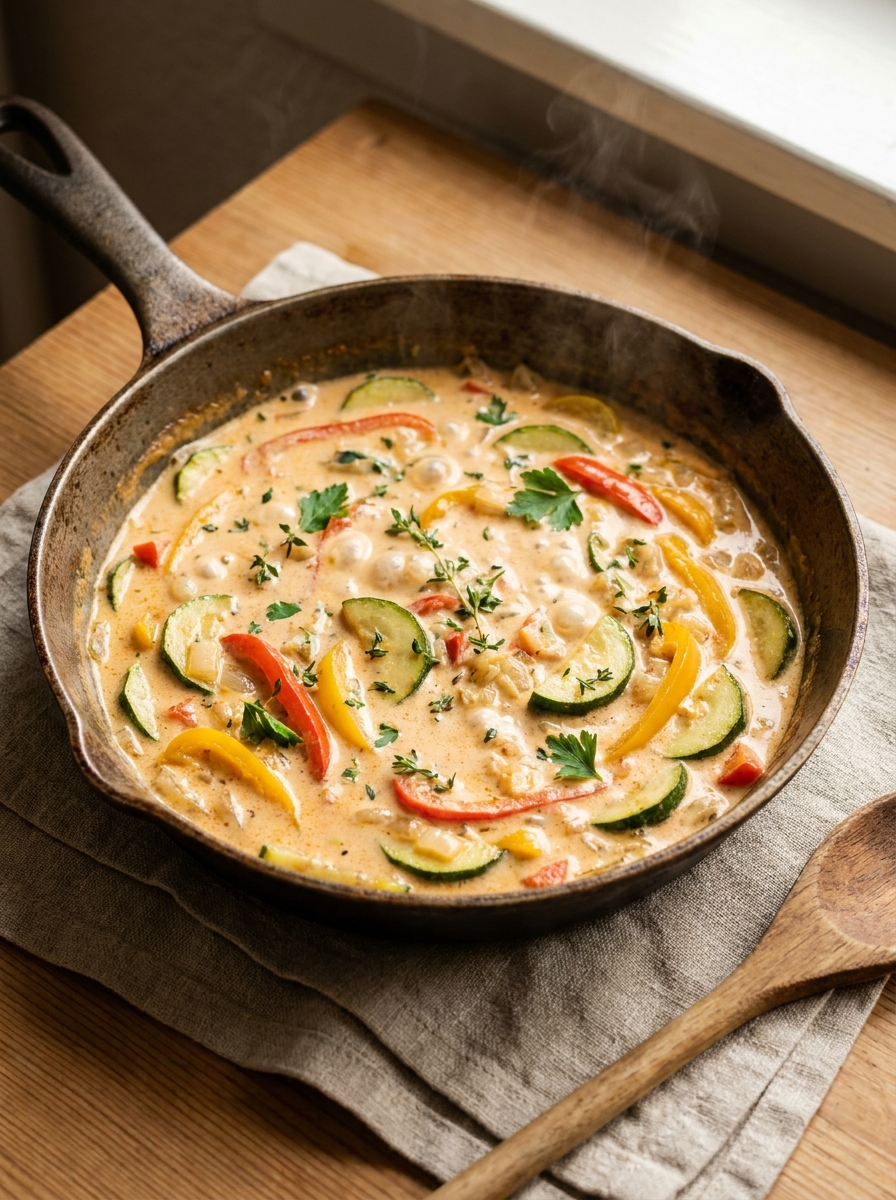 KI-generiertes Bild einer cremigen Sauce mit Paprika und Zucchini in einer Pfanne