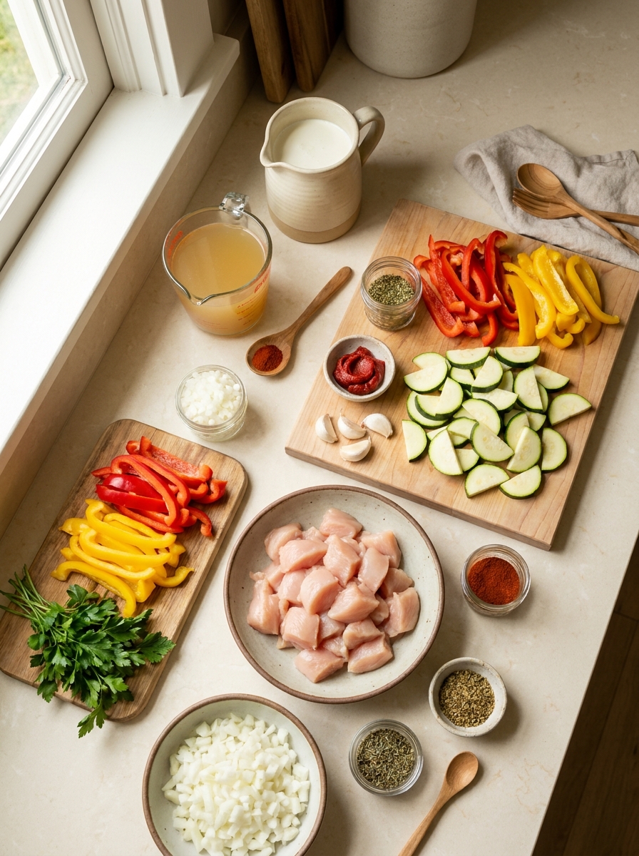 KI-generiertes Bild der Zutaten für eine Hähnchen-Pfanne mit Paprika, Zucchini und Sahne