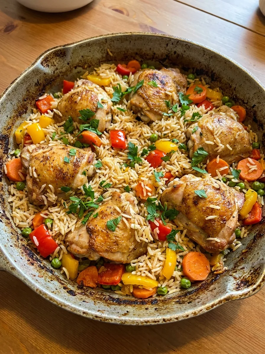 Illustrative Hähnchen-Reis-Pfanne mit Paprika, Möhren und Erbsen
