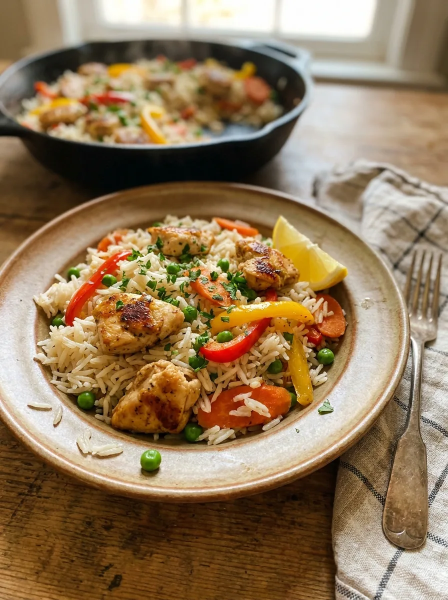 Illustrative Portion Hähnchen-Reis-Pfanne mit Gemüse