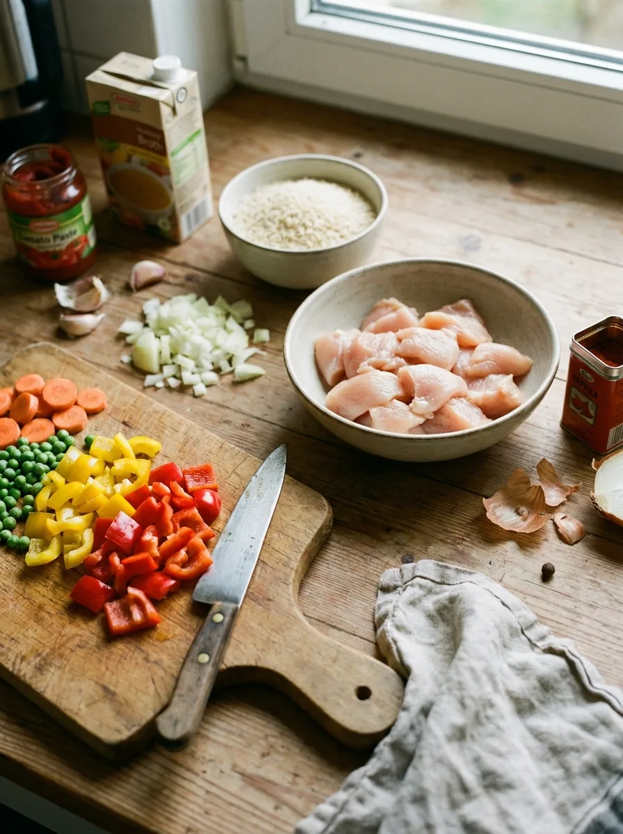 Illustrative Zutaten für Hähnchen-Reis-Pfanne