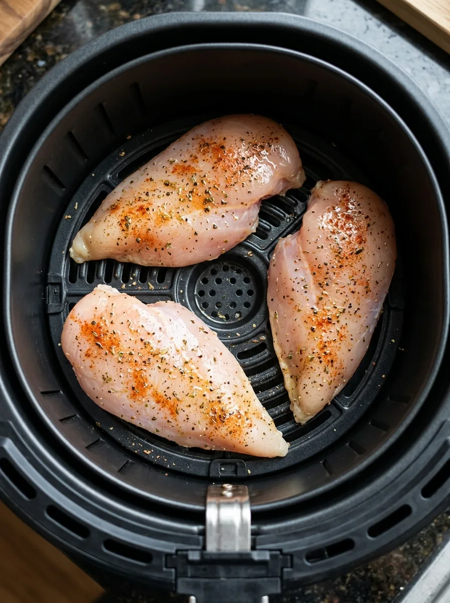 Illustrative gewürzte Hähnchenbrust mit Abstand im Airfryer-Korb