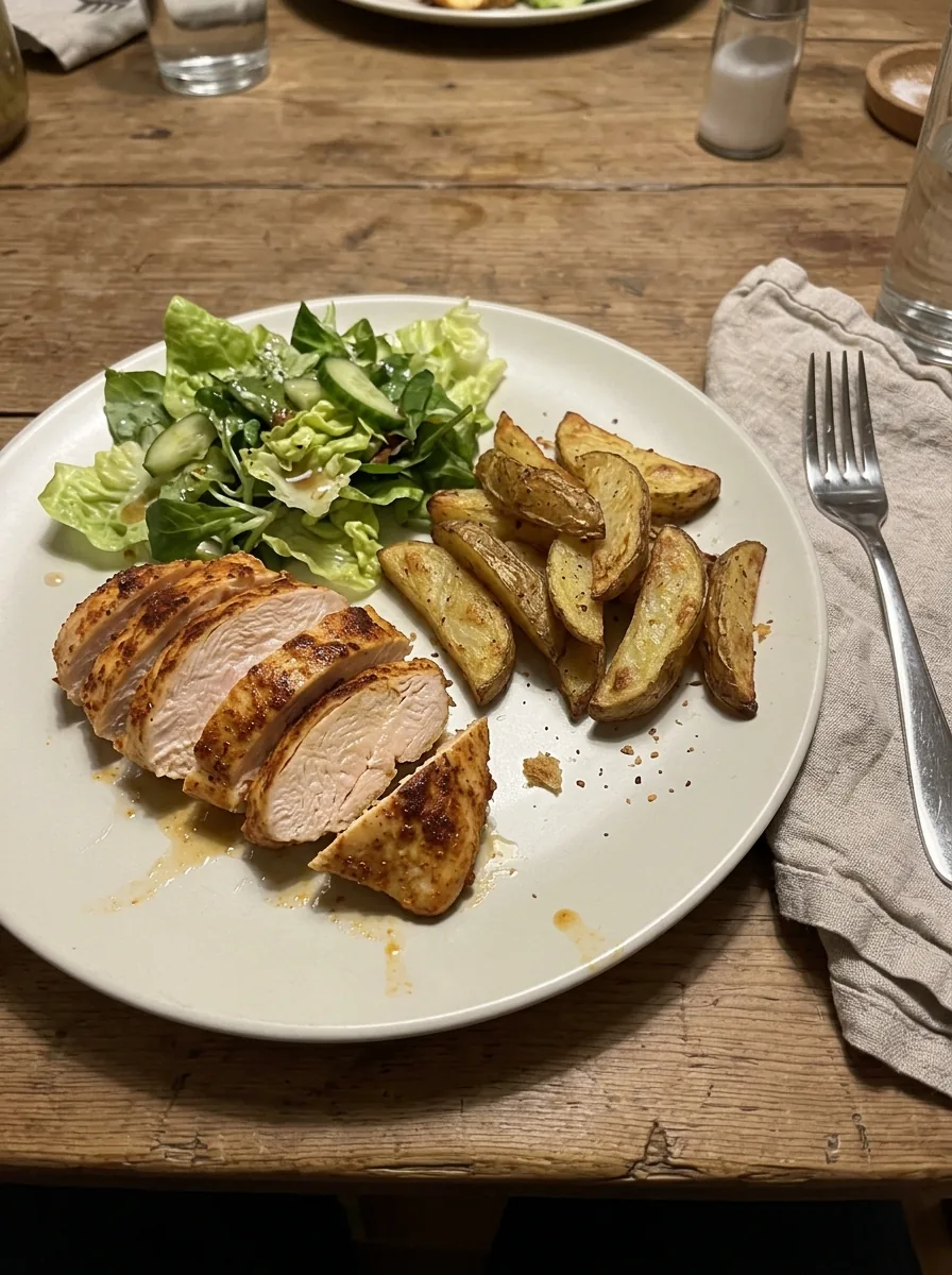 Illustrative Airfryer-Hähnchenbrust mit Kartoffeln und Salat