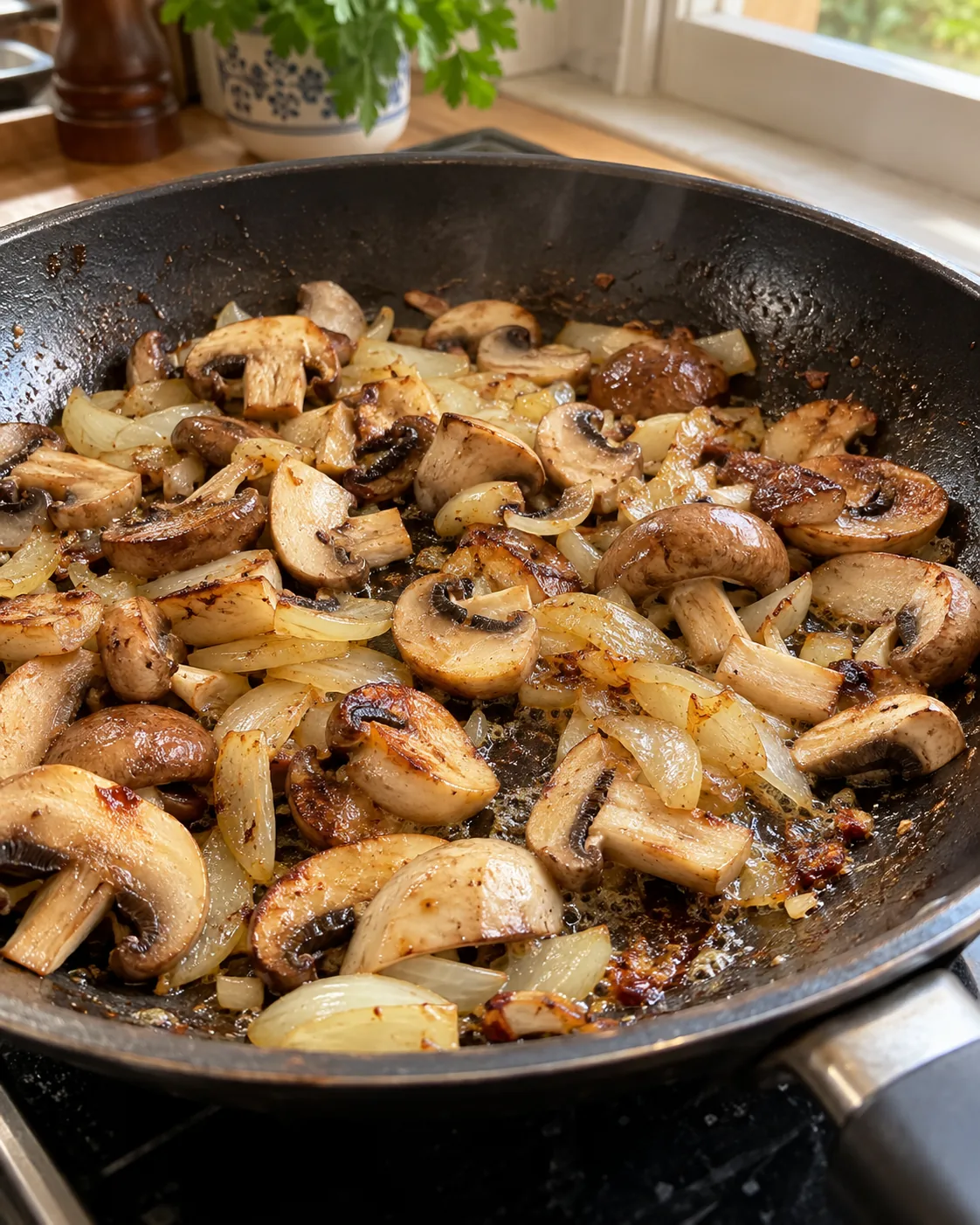 KI-generiertes Bild von gebratenen Champignons und Zwiebeln
