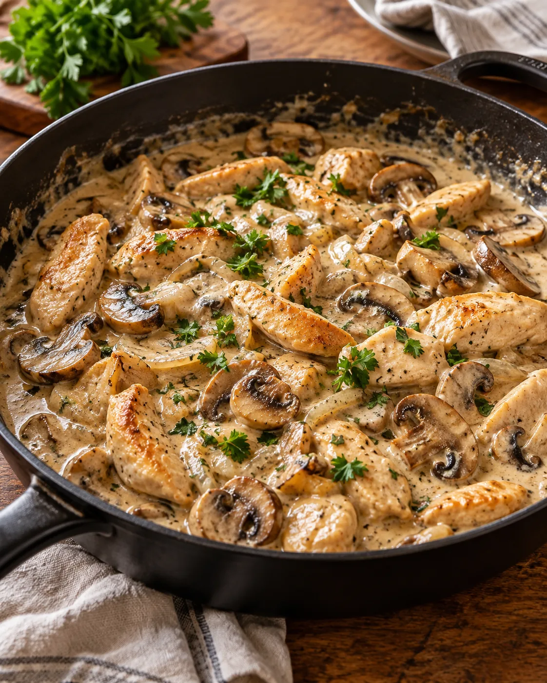 KI-generiertes Bild von Hähnchengeschnetzeltem mit Champignons in cremiger Rahmsoße in einer Pfanne