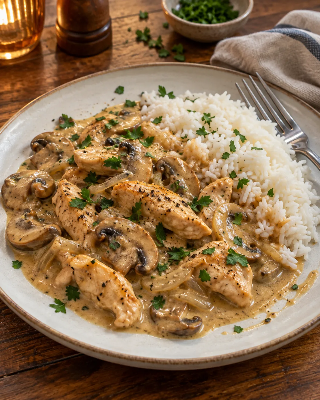 KI-generiertes Bild einer Portion Hähnchengeschnetzeltes mit Champignons und Reis