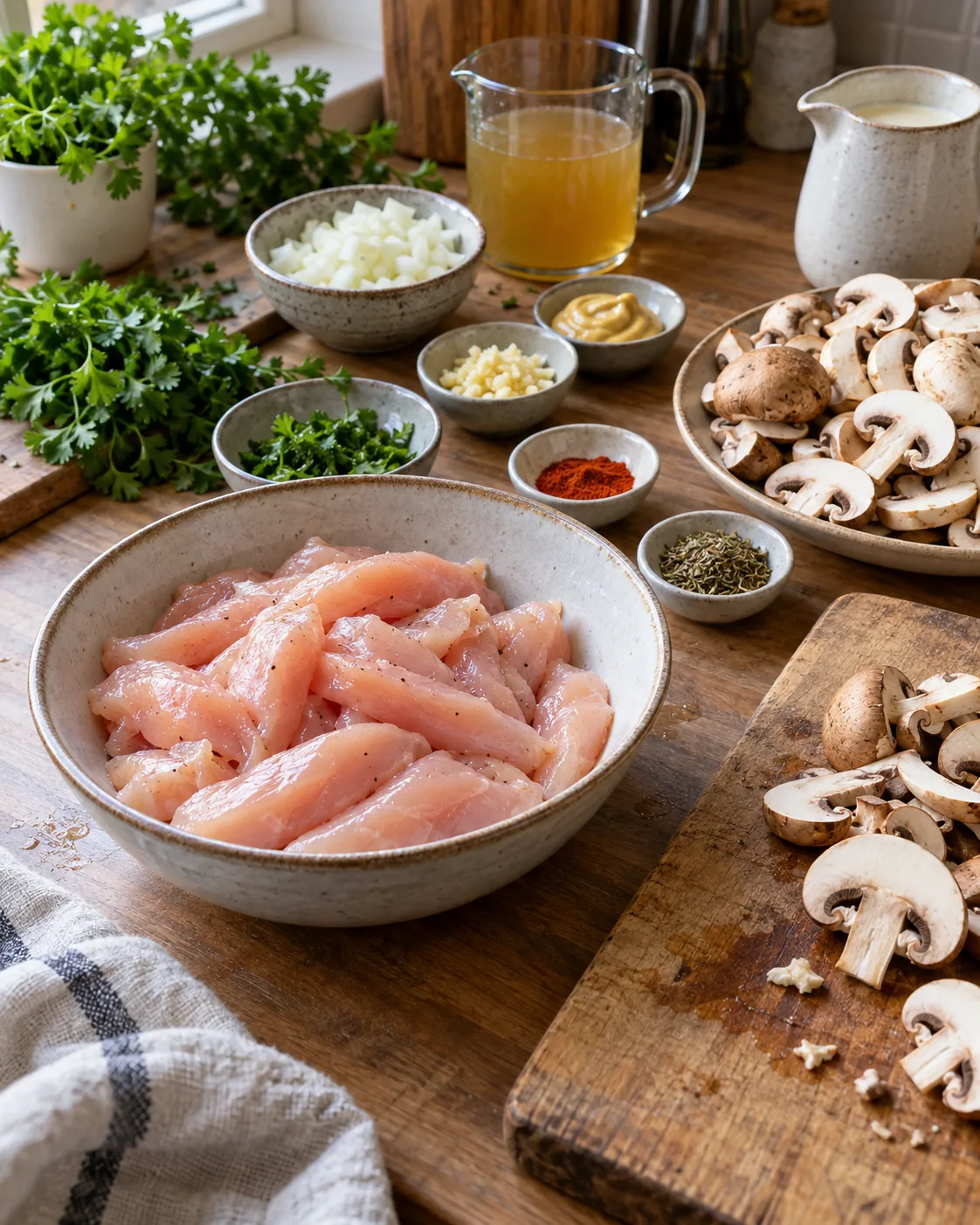KI-generiertes Bild von Hähnchenstreifen, Champignons, Zwiebeln, Sahne und Gewürzen