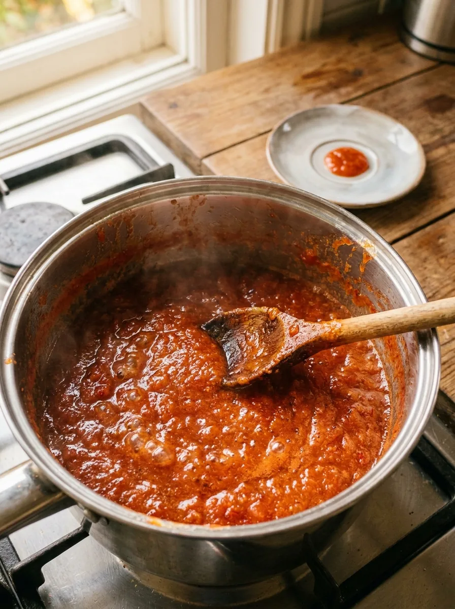 Illustrative Hagebuttenmarmelade beim sprudelnden Kochen