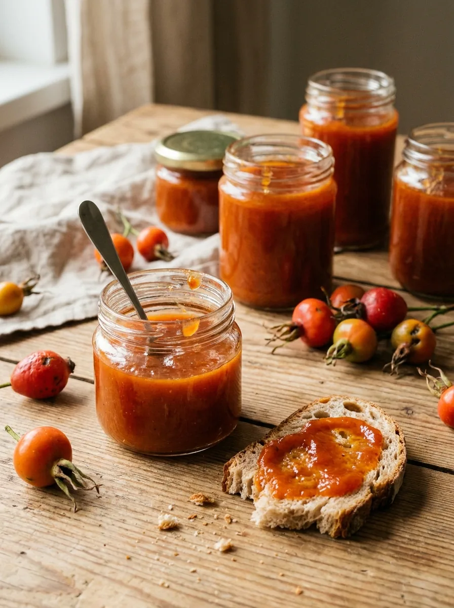 Illustrative Gläser mit selbst gemachter Hagebuttenmarmelade