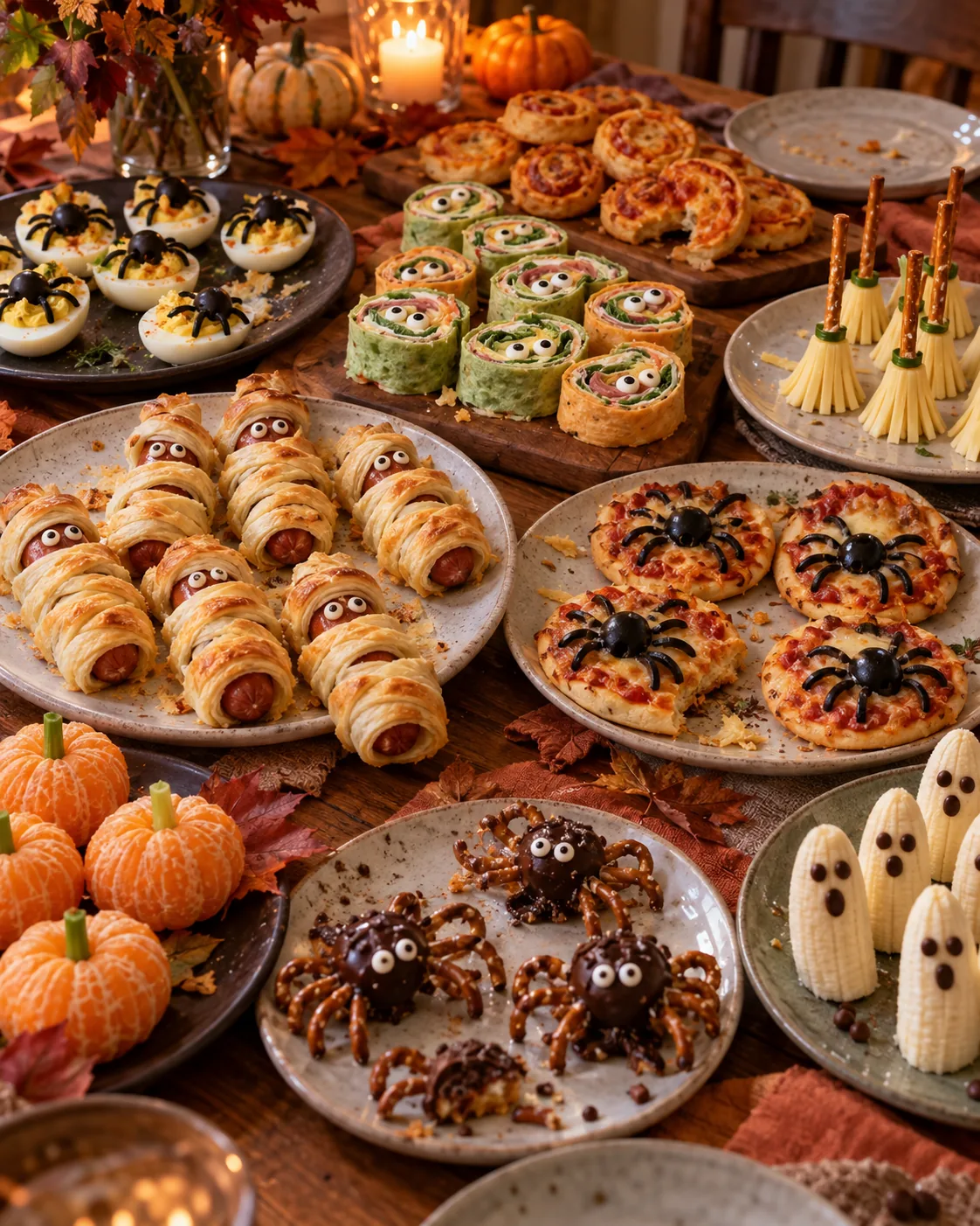 KI-generiertes Bild eines Halloween-Buffets mit herzhaften und süßen Snacks