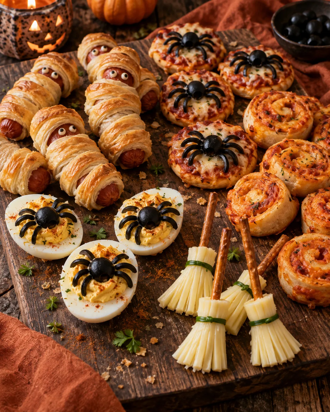 KI-generiertes Bild einer Halloween-Snackplatte mit Mumien-Würstchen, Mini-Pizzen, gefüllten Eiern und Käsebesen