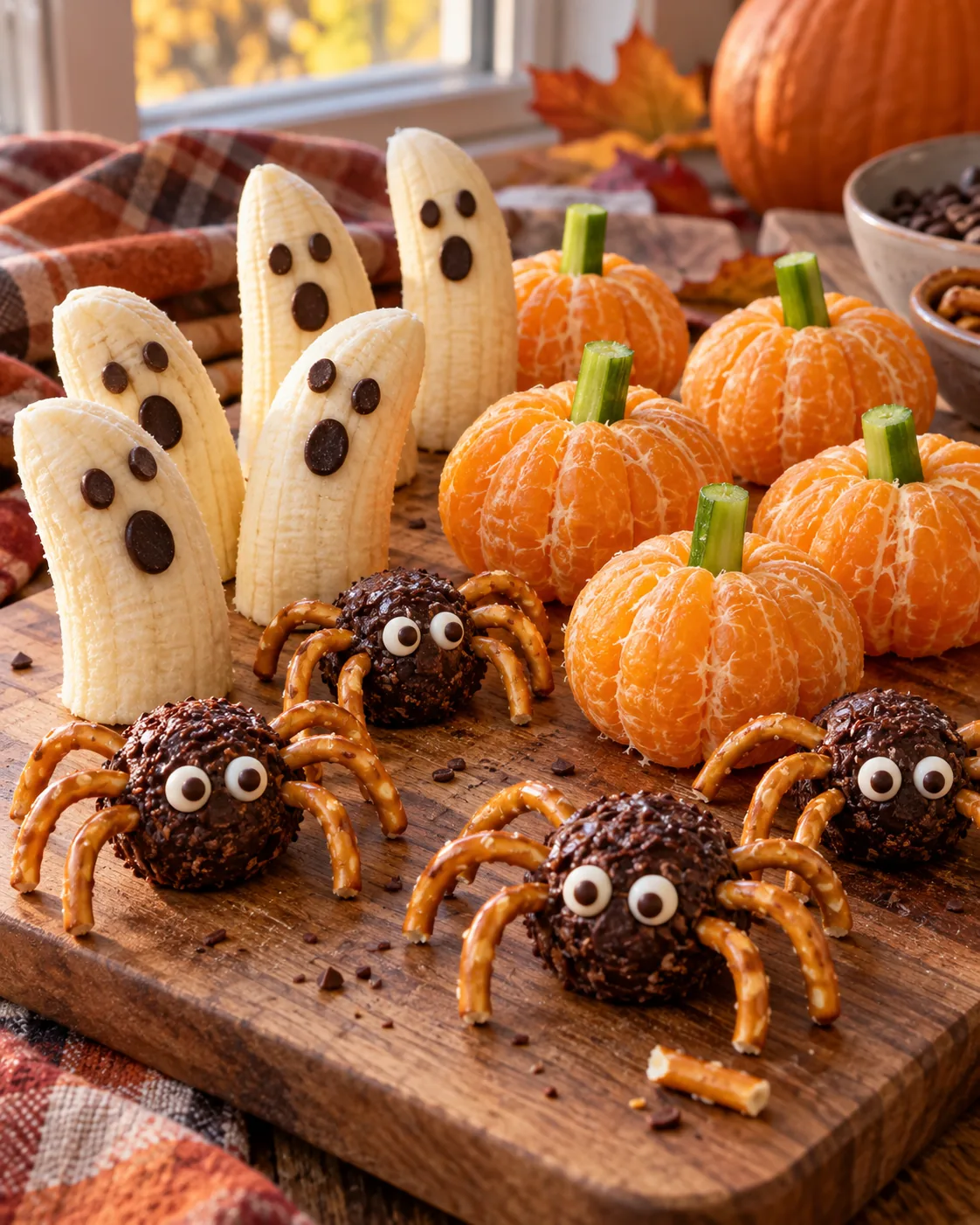 KI-generiertes Bild von Bananen-Geistern, Mandarinen-Kürbissen und Schoko-Brezel-Spinnen