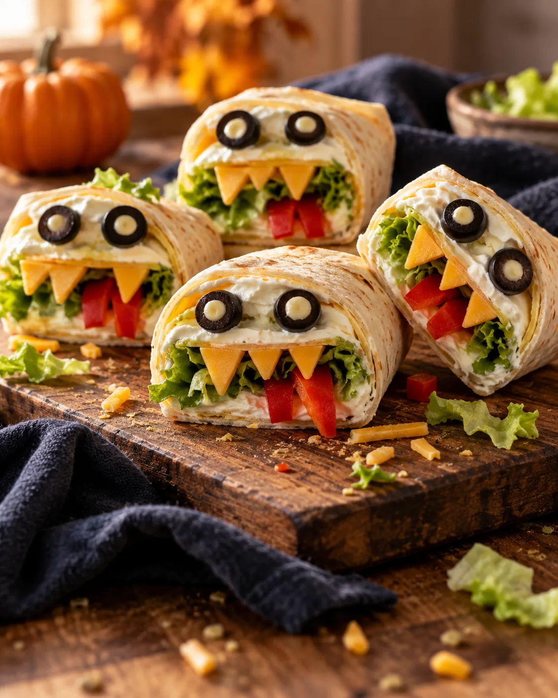 KI-generiertes Bild von Halloween-Monster-Wraps mit Käsezähnen