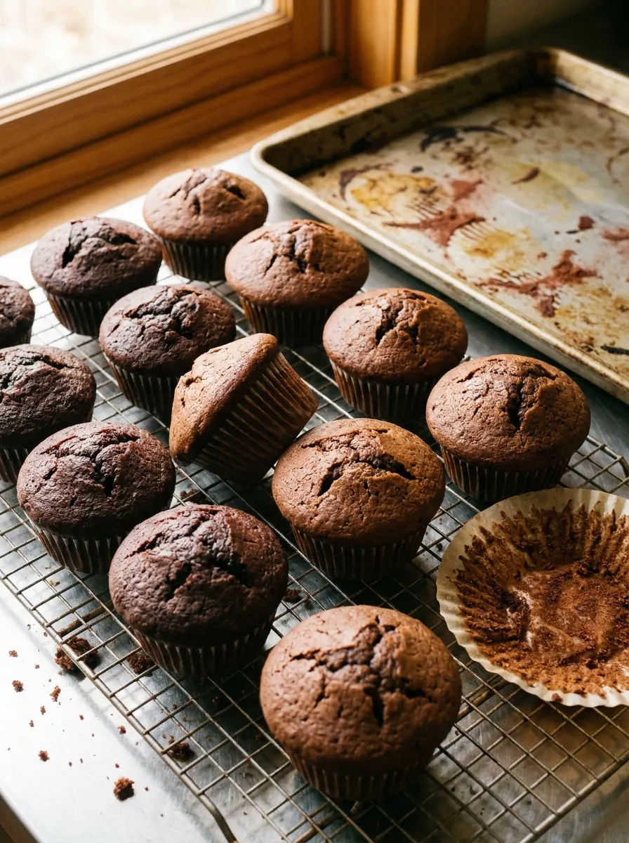 Illustratives Bild von frisch gebackenen Schoko-Muffins auf einem Gitter