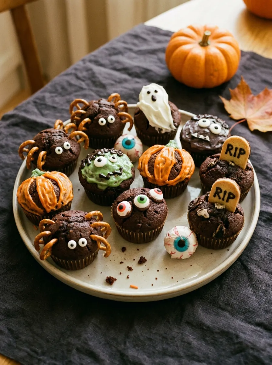 Illustratives Bild einer Platte mit sechs verschiedenen Halloween-Muffin-Ideen