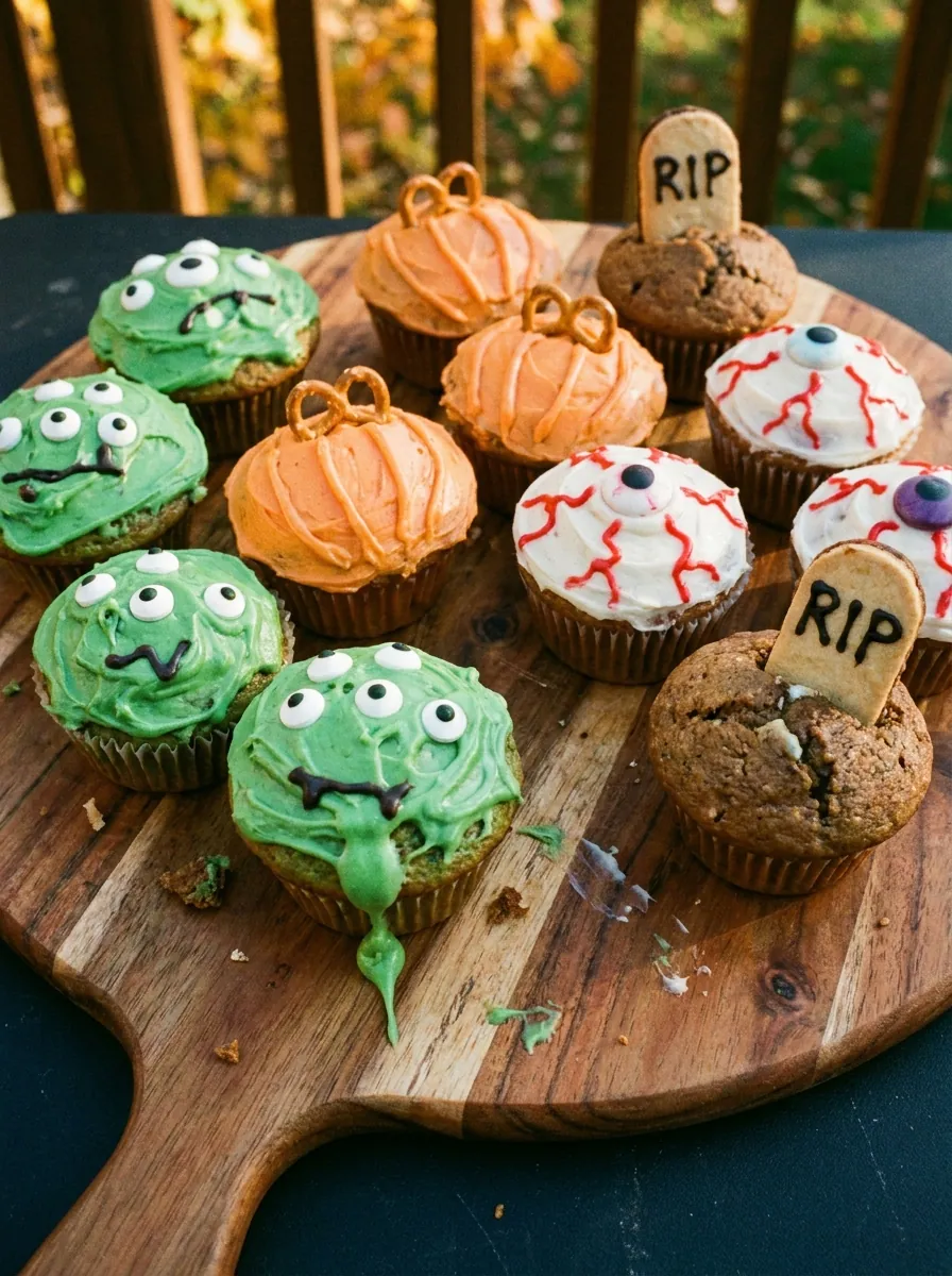 Illustratives Bild von Monster-, Kürbis-, Augen- und Grabstein-Muffins