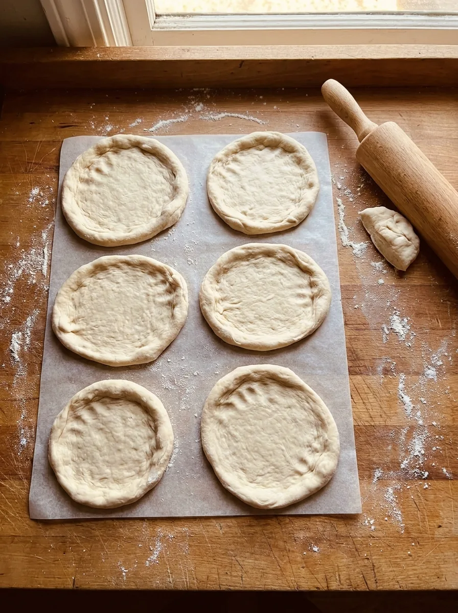 Illustrative kleine ausgerollte Pizzaböden auf Backpapier