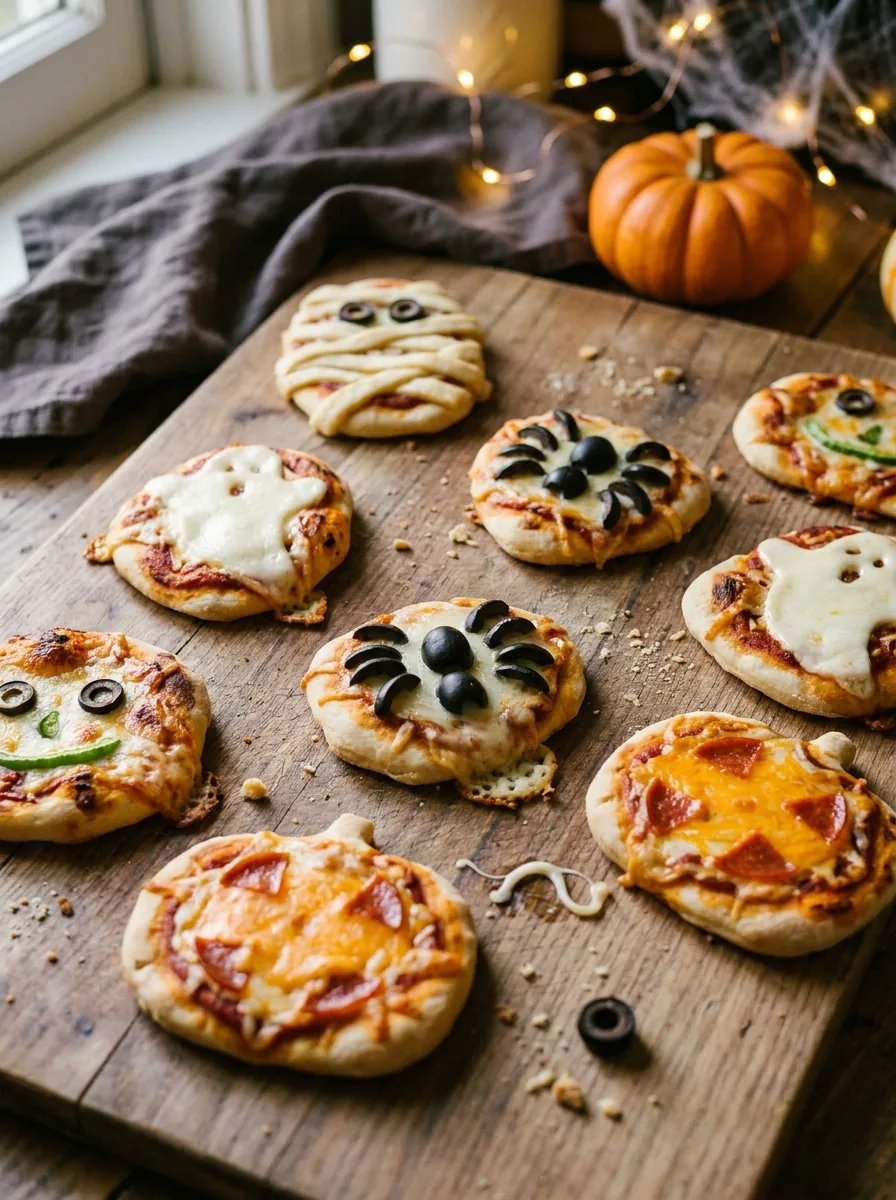 Illustrative Platte mit Mumien-, Spinnen-, Geister-, Monster- und Kürbis-Pizzen
