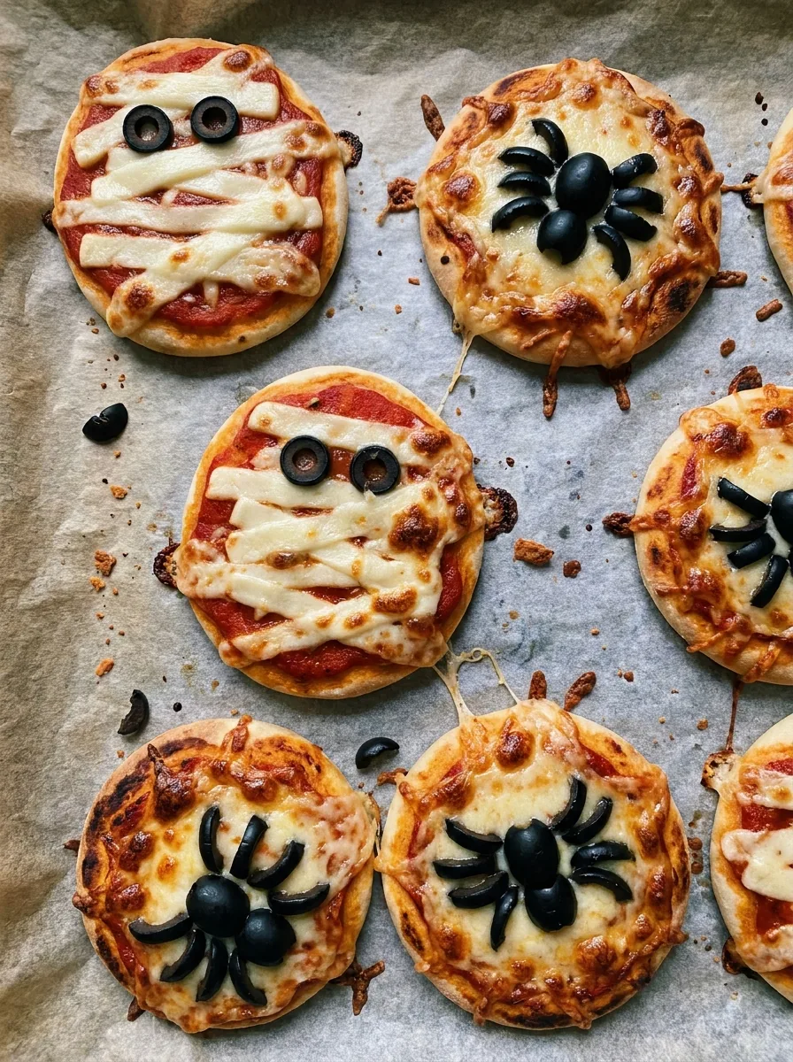 Illustrative Mumien- und Spinnen-Pizzen mit Mozzarella und Oliven