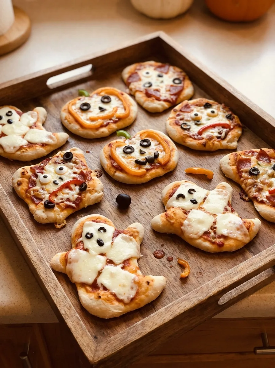 Illustrative Geister-, Monster- und Kürbis-Pizzen
