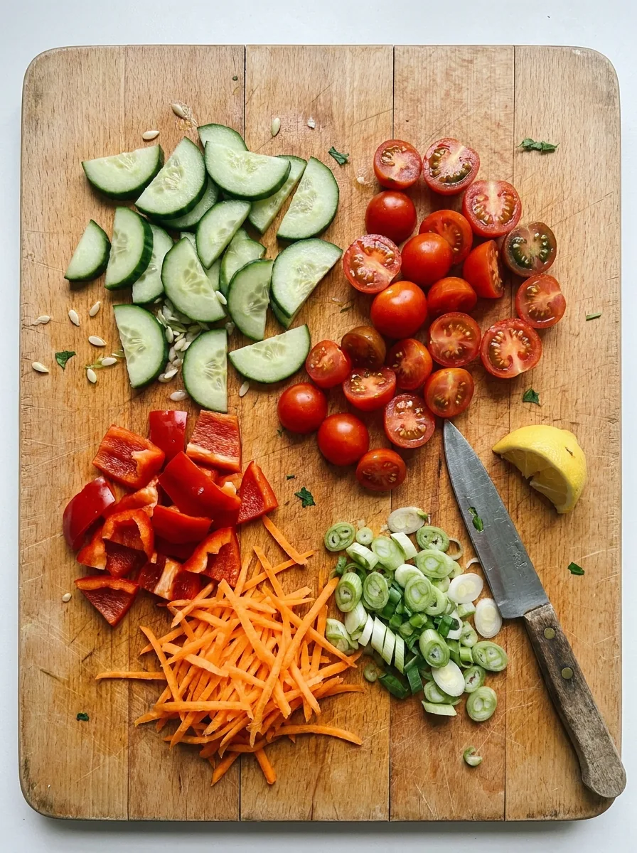 Illustrative vorbereitete Gurke, Tomaten, Paprika und Möhre