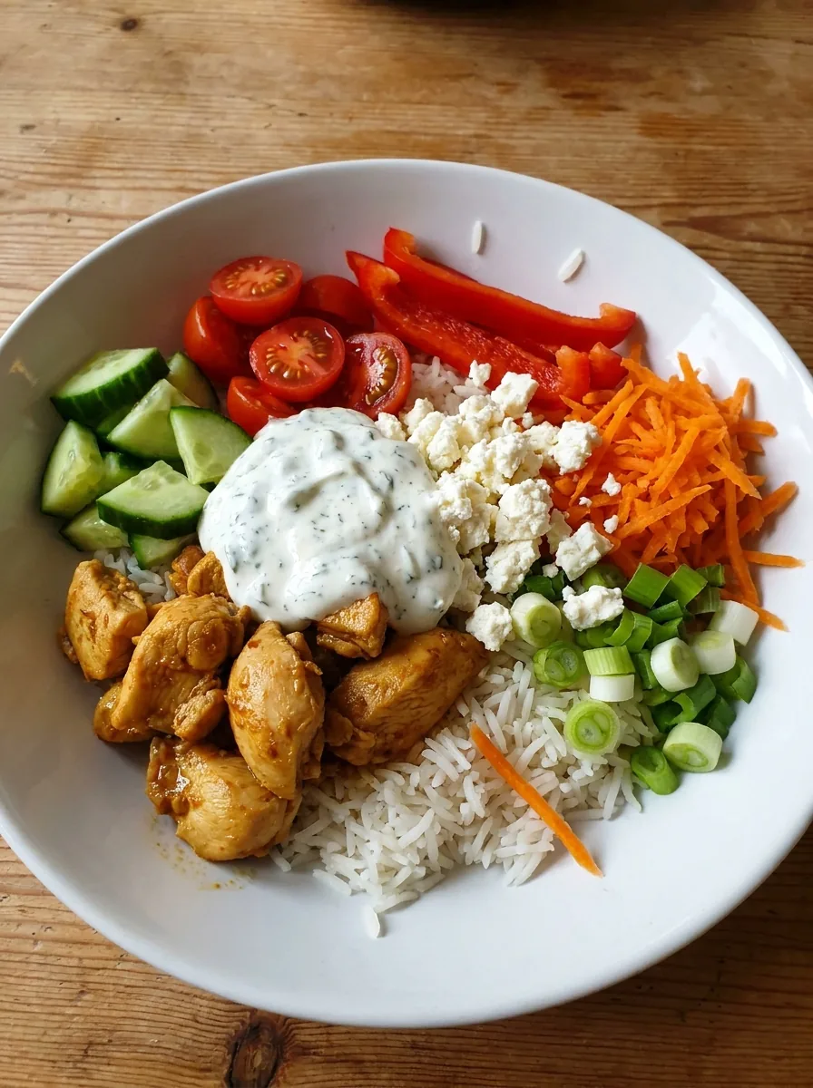Illustrative Hähnchen-Bowl mit Reis, Gemüse und Skyr-Kräuter-Sauce