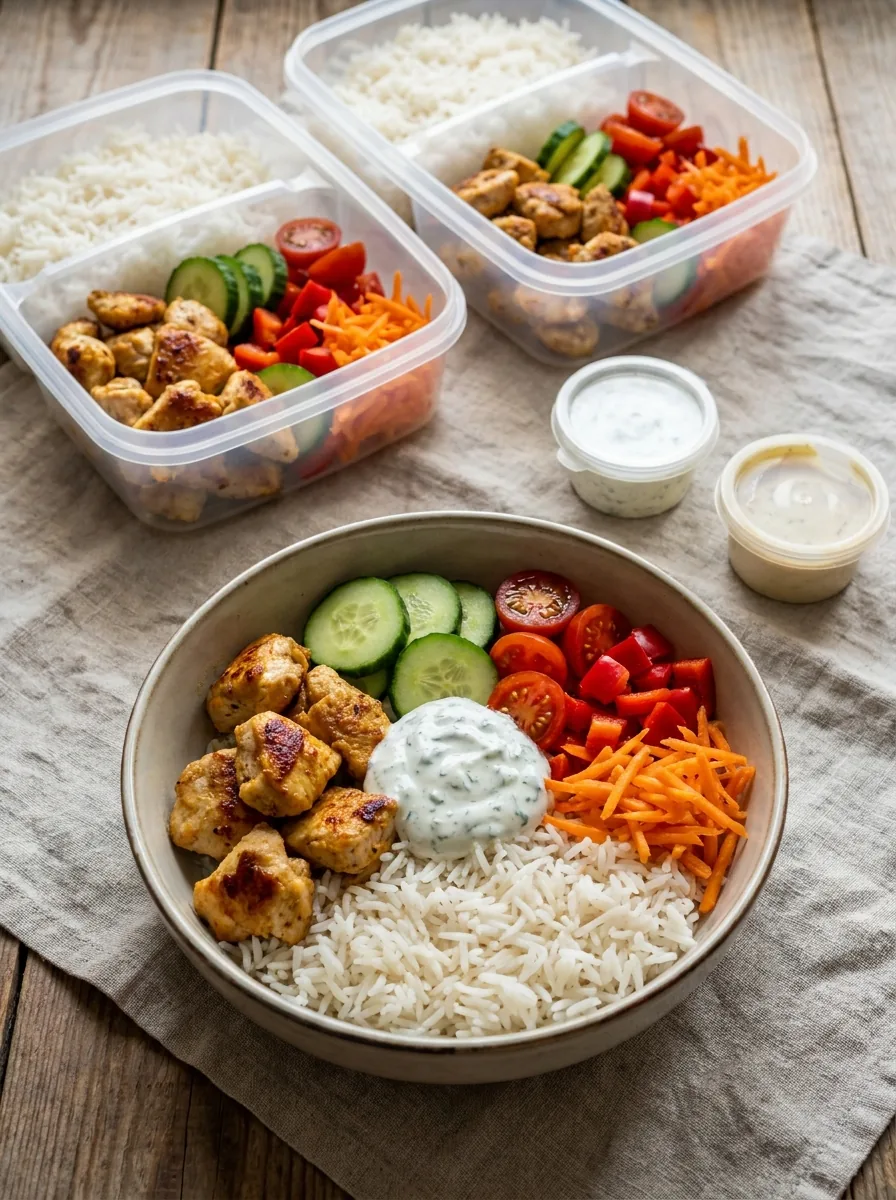 Illustrative getrennt verpackte Komponenten für Hähnchen-Bowl Meal Prep