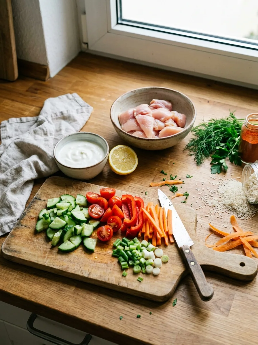 Illustrative Zutaten für eine Hähnchen-Bowl mit Reis und Skyr