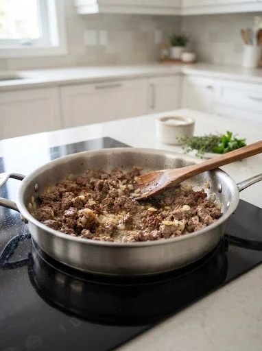 Gebratenes Hackfleisch mit Zwiebeln für Käse-Lauch-Suppe