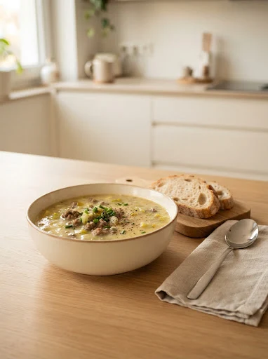 Käse-Lauch-Suppe mit Hackfleisch als cremiges herzhaftes Winteressen
