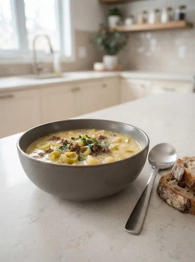 Cremige Käse-Lauch-Suppe mit Hackfleisch und Lauch