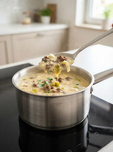 Cremige Käse-Lauch-Suppe mit Hackfleisch im Topf
