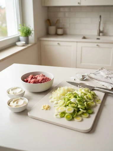 Lauch und Zutaten für Käse-Lauch-Suppe mit Hackfleisch