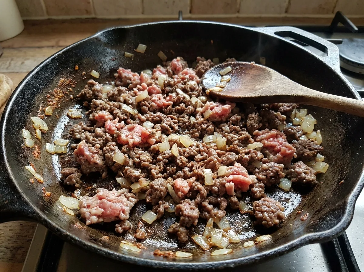 KI-generiertes Bild von gebratenem Hackfleisch mit Zwiebeln in einer Pfanne