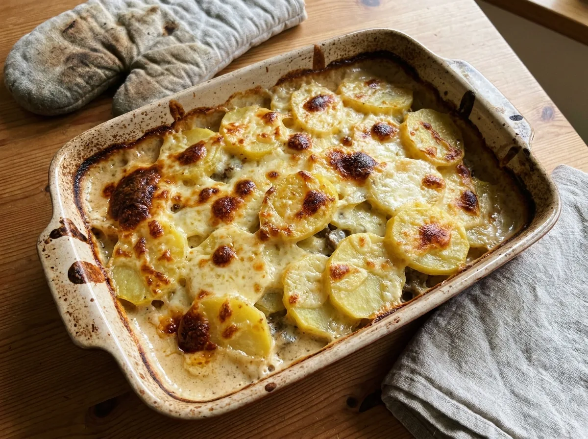 KI-generiertes Bild von goldbraunem Kartoffel-Hackfleisch-Auflauf in einer Auflaufform