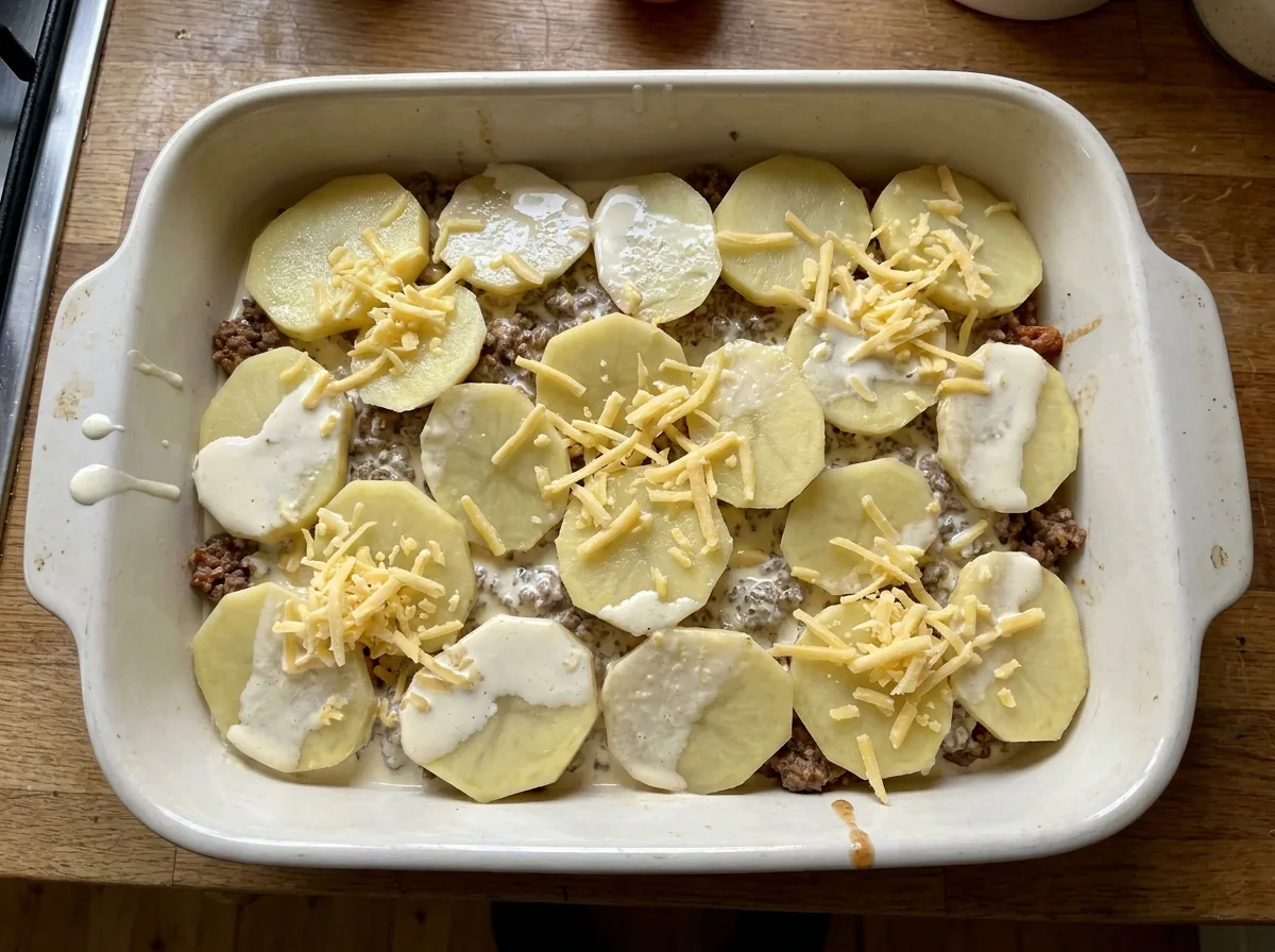 KI-generiertes Bild von geschichtetem Kartoffel-Hackfleisch-Auflauf vor dem Backen