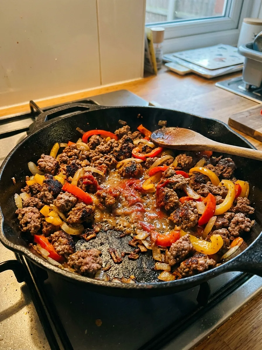 Illustratives angebratenes Hackfleisch mit Paprika