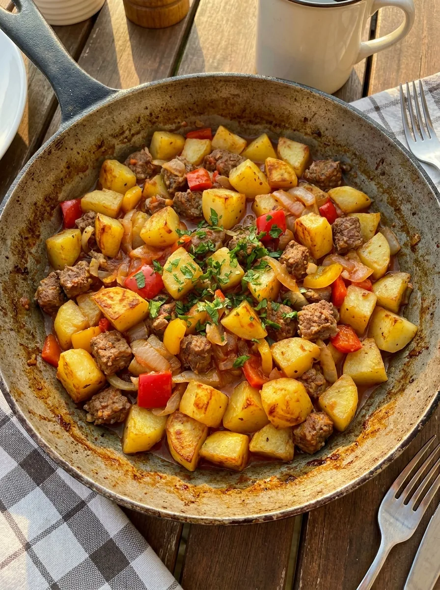 Illustrative Kartoffel-Hackfleisch-Pfanne mit Paprika