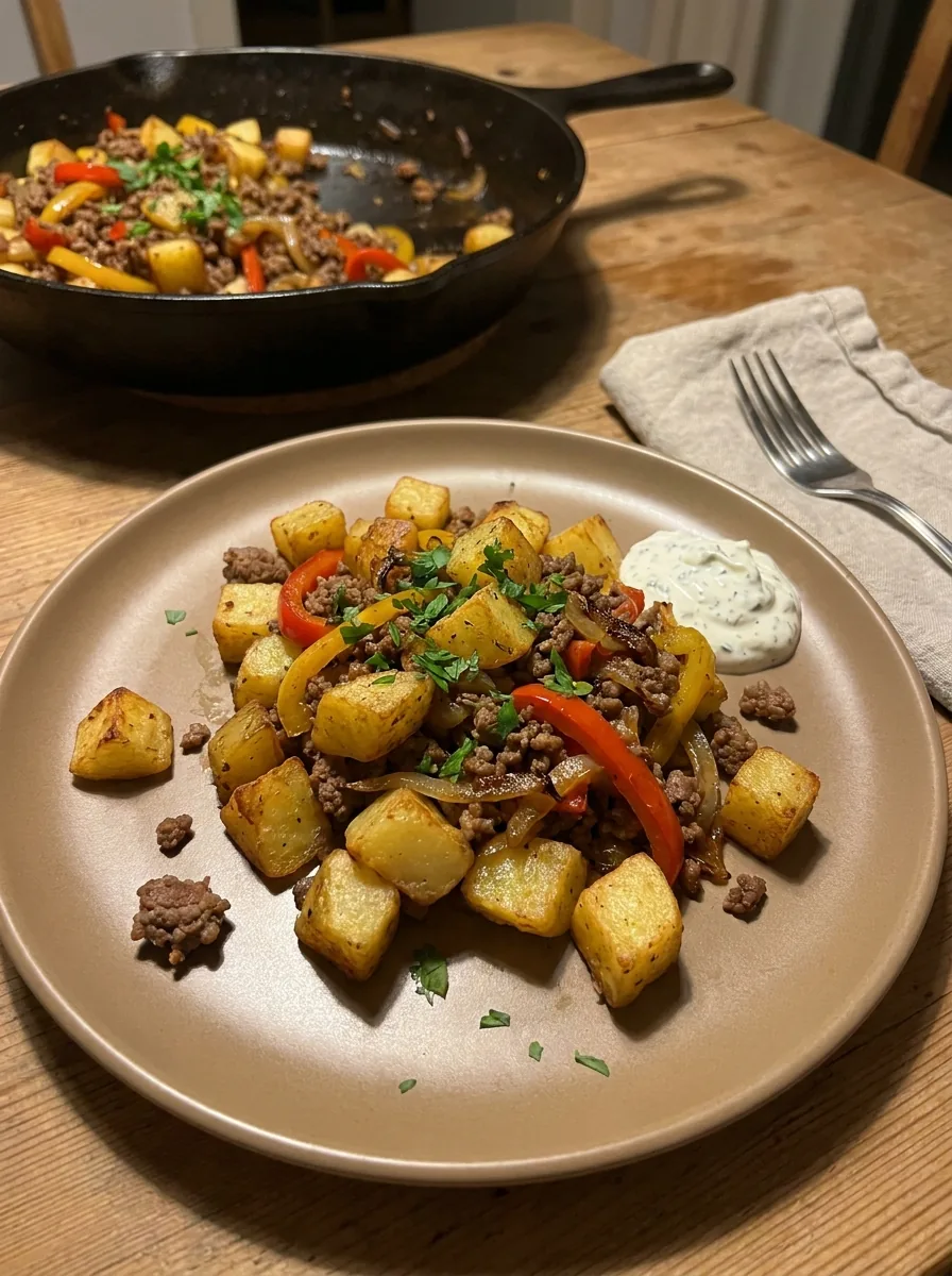 Illustrative Portion Kartoffel-Hackfleisch-Pfanne