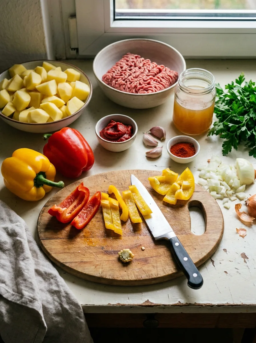 Illustrative Zutaten für Kartoffel-Hackfleisch-Pfanne