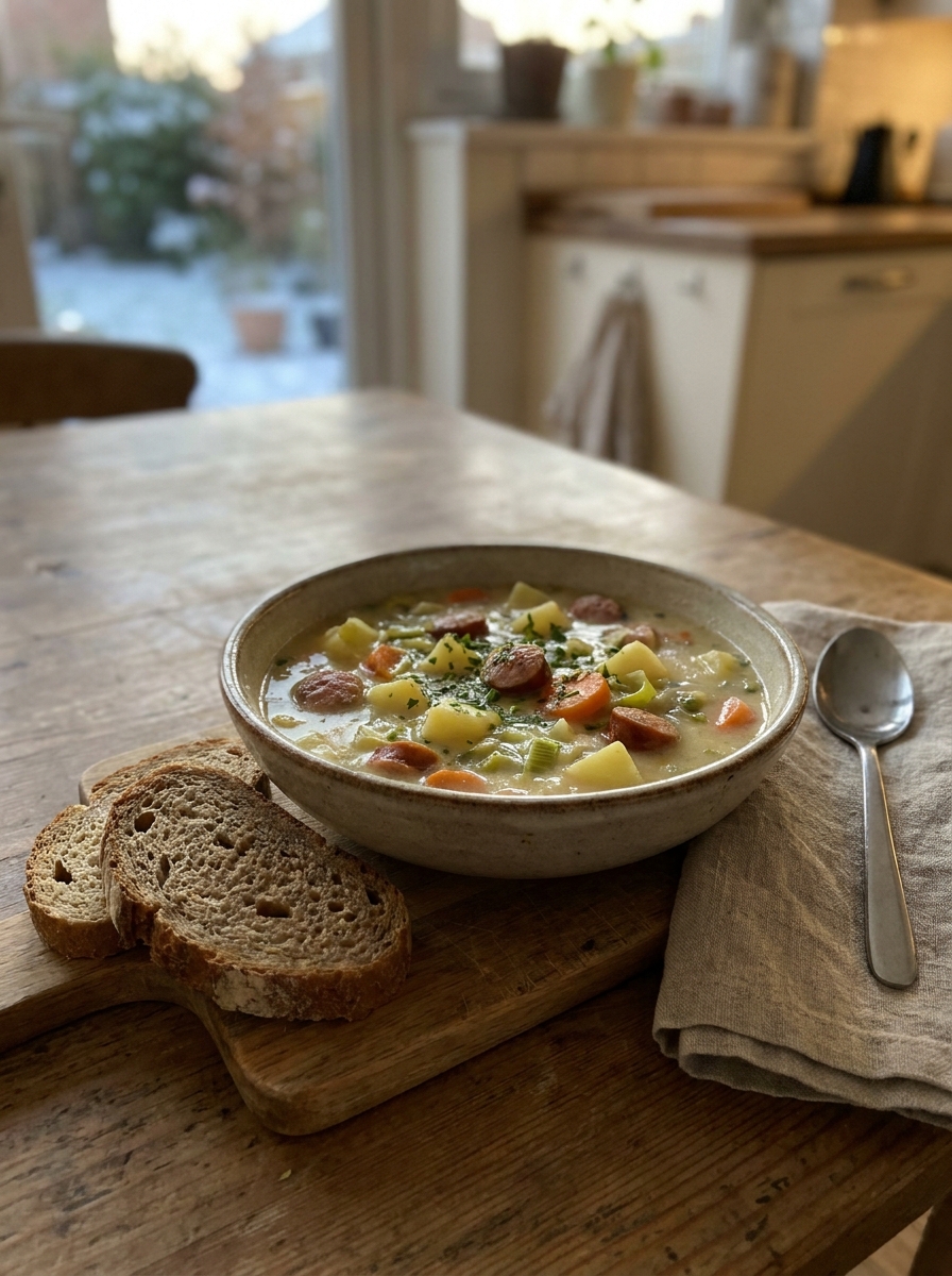 Cremige Kartoffelsuppe mit Würstchen, Kartoffeln, Möhren und Lauch als herzhaftes Winteressen