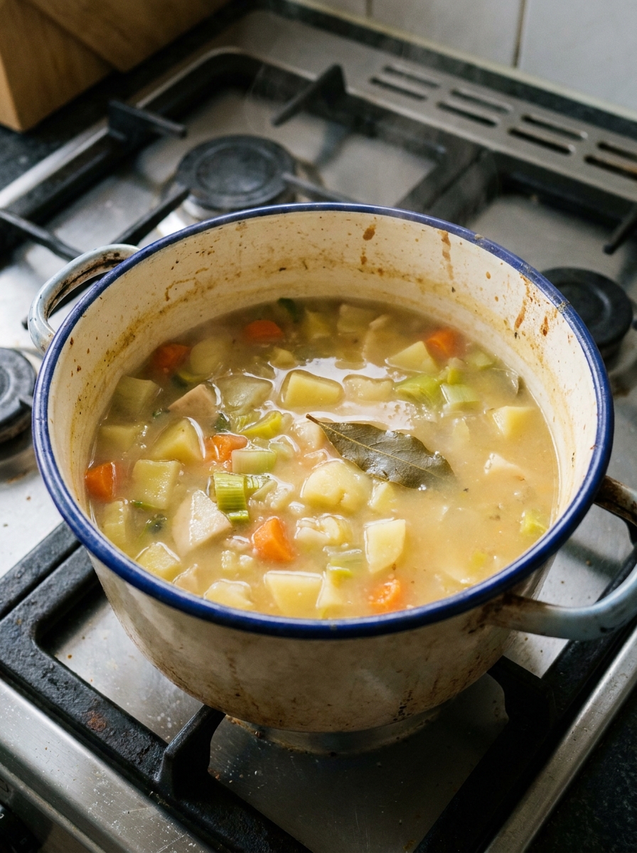 Kartoffelsuppe mit Gemüse beim Kochen im Topf