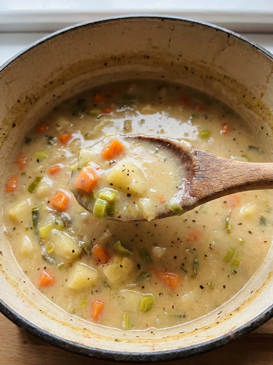 Cremige Kartoffelsuppe mit Kartoffelstücken, Möhren und Lauch