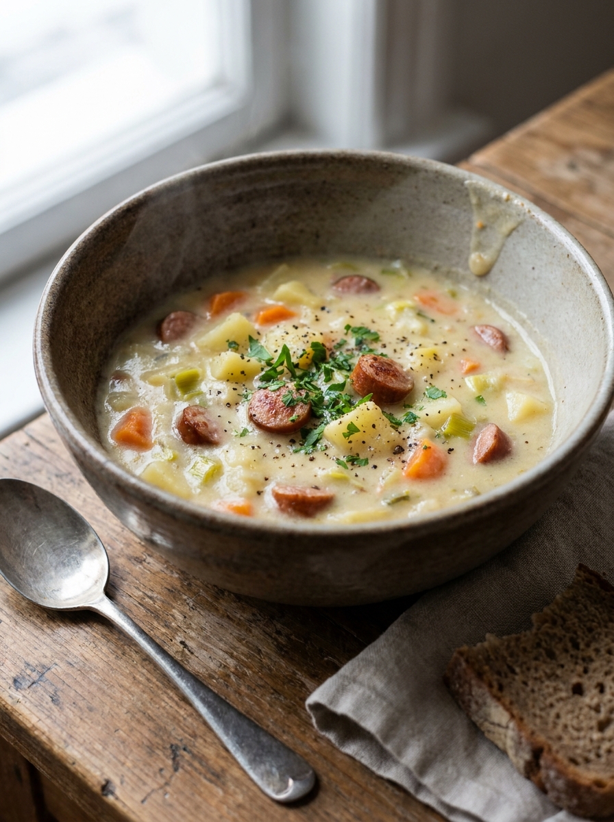 Cremige Kartoffelsuppe mit Wiener Würstchen und Petersilie