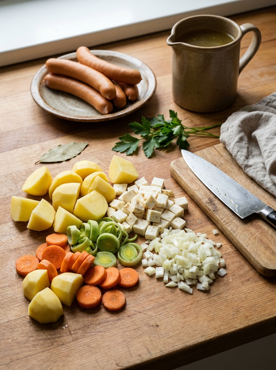 Zutaten für Kartoffelsuppe mit Kartoffeln, Möhren, Lauch und Würstchen